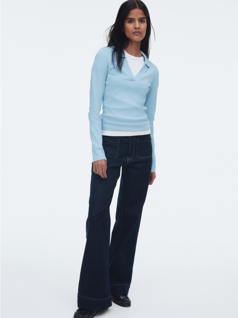h&m divided ribbed collared long sleeve top baby blue fitted
